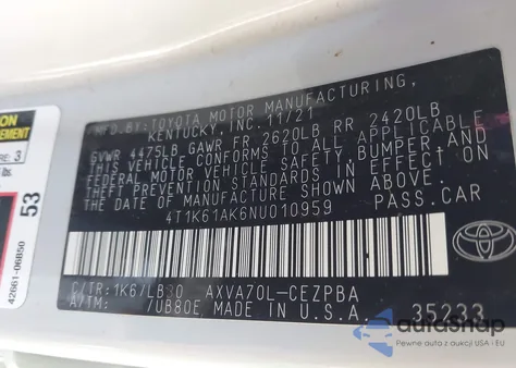 2022 Toyota Camry Xse from USA, damaged, VIN 4T1K61AK6NU010959